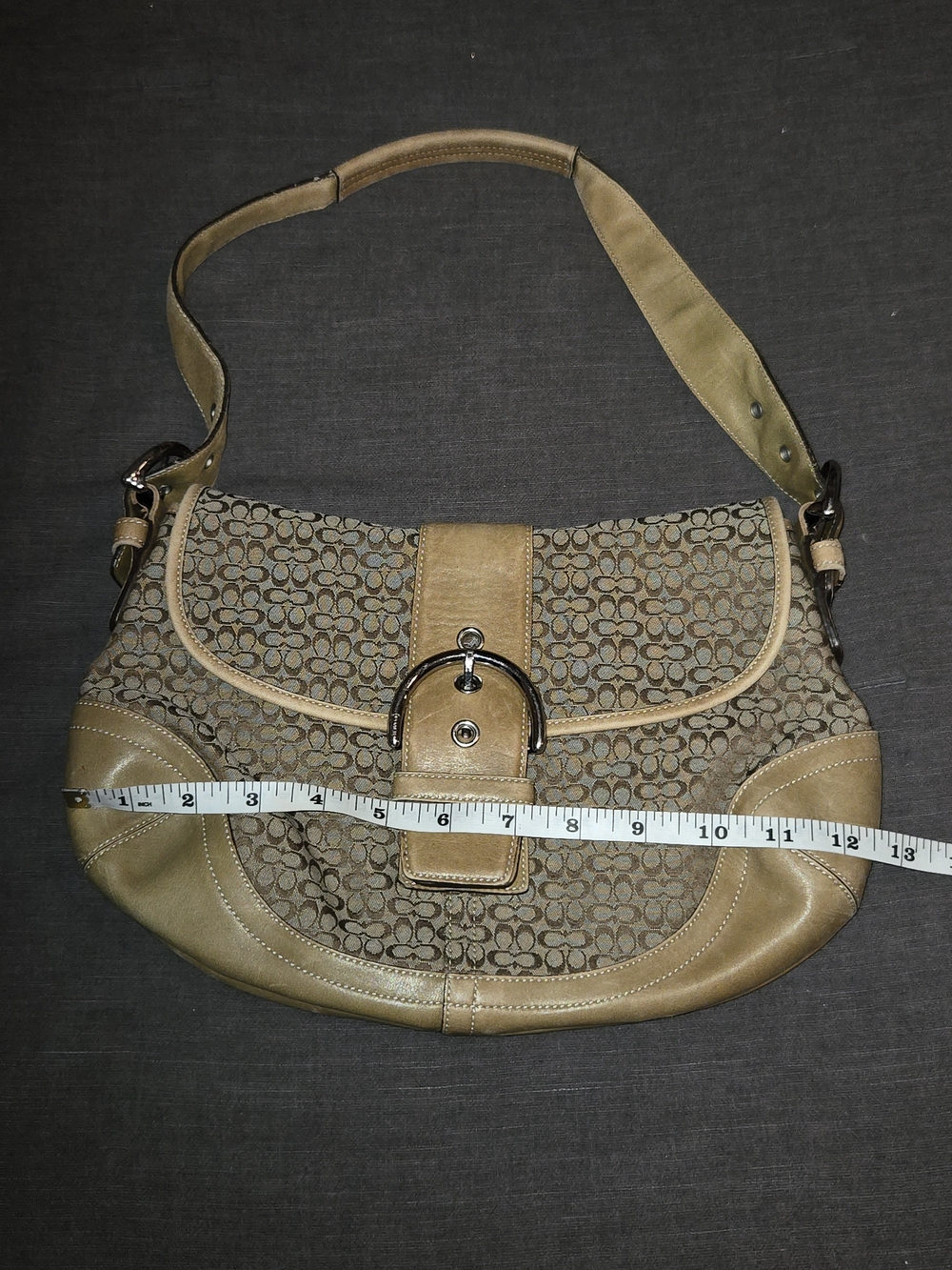 Coach Signature C Canvas Shoulder Bag Khaki Tan Leather Trim Flap Purse - Picture 7 of 10